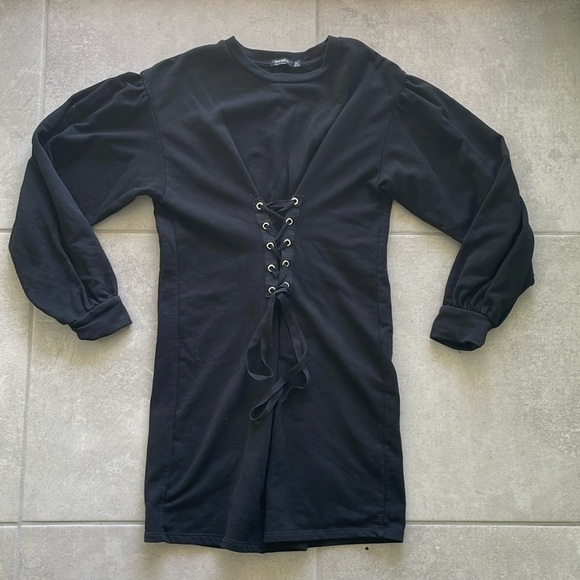 Cotton tunic sweater corset dress top, black lace up middle - Picture 2 of 6